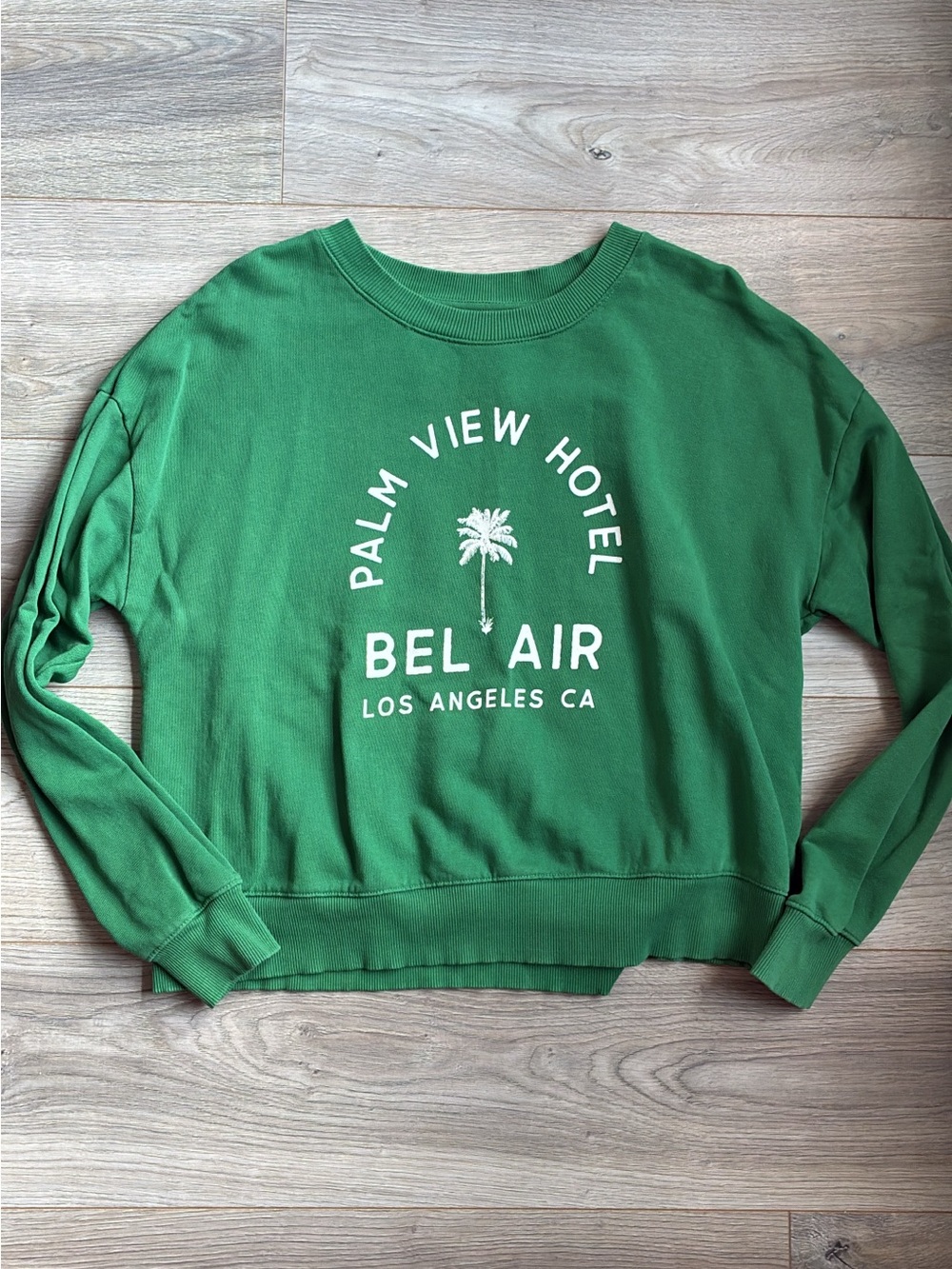 Anthropologie Green Palm View Hotel Graphic Crewneck Sweater